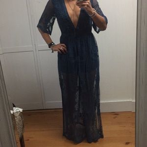 NWT Blue Floral Lace Low Cut Romper Maxi